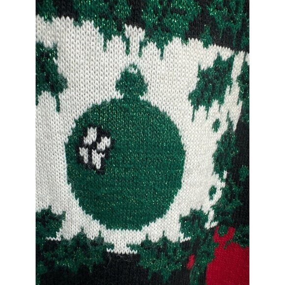 Vintage XL Christmas Sweater Black Red Green Ornaments Holly Festive Knit - Picture 2 of 5